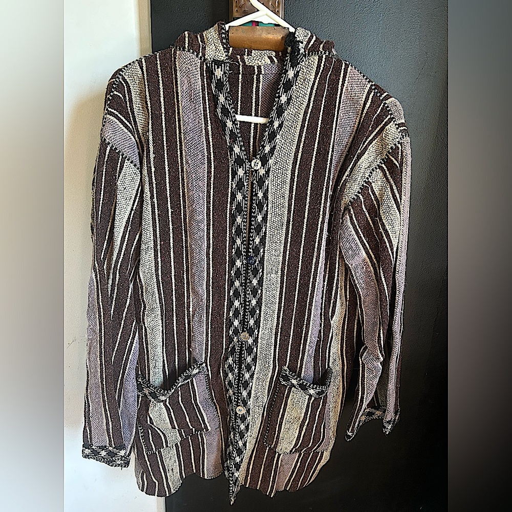 Vintage Handmade Wool Stripe Sweater Blanket Jacket Size L